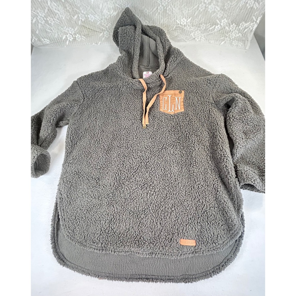 Marleylilly Womens Gray‎ Sherpa Pullover Hoodie Monogram CLN 2XL 3XL Plus Size